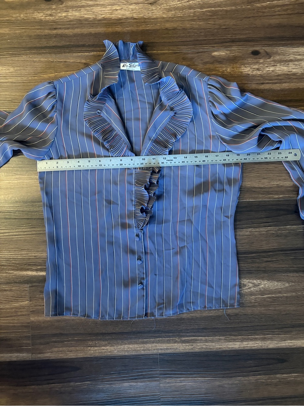 Vintage 70s Ruffle-Trim Navy Pinstripe Blouse - Picture 12 of 12